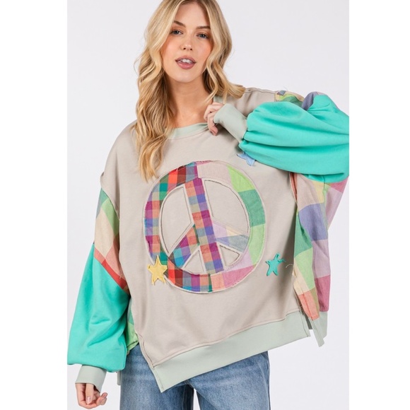 🌟 “The Zelda" Peace Sign, Stars & Plaid Sweatshirt - Picture 2 of 3